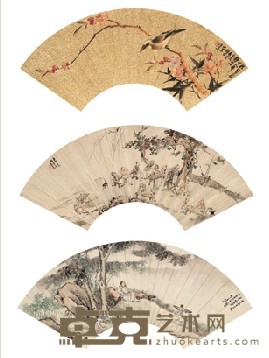 王素 花鸟 树下休闲 树下高仕（三幅） 扇面镜心 17.5X52cm;18X53cm;18.5X53.5